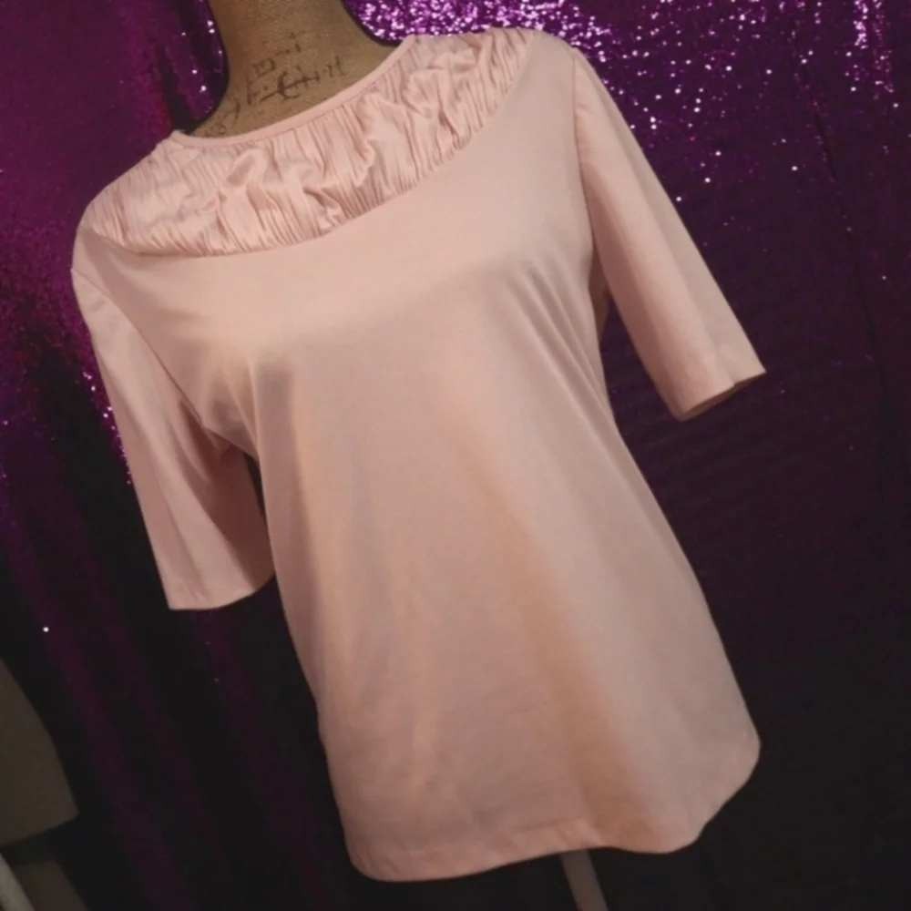 Blush Pink Pleated Neck Blouse M Blair Women Short Sleeve Keyhole Back